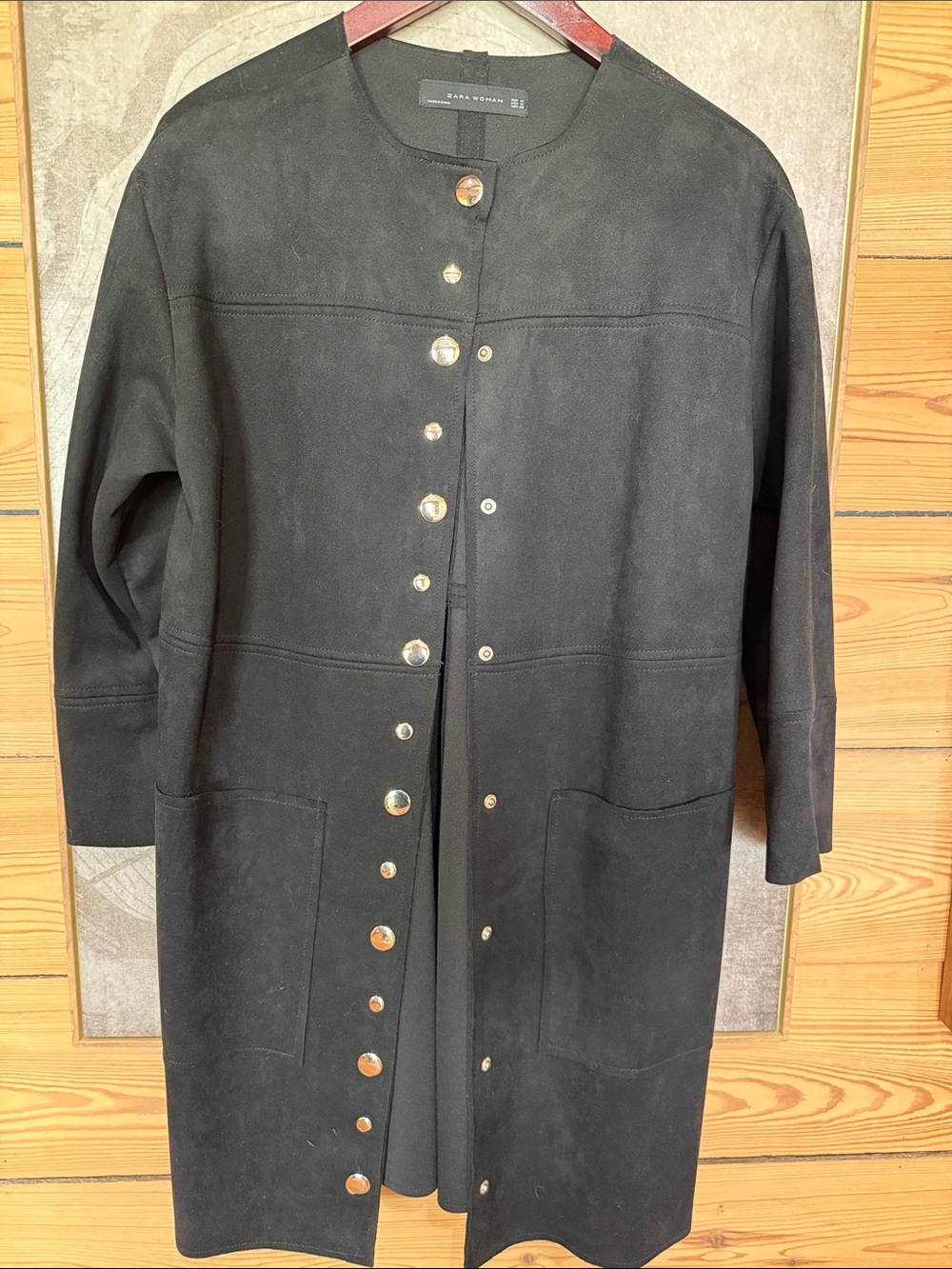 Zara Woman Black Long Jacket with Gold Button Detail. Generous Fit.